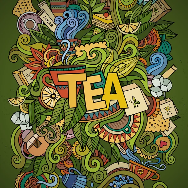 Tea kézzel betűk és doodles elemek háttér. — Stock Vector