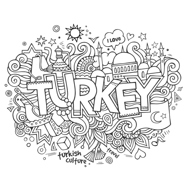 Turkije hand belettering en doodles elementen achtergrond — Stockvector
