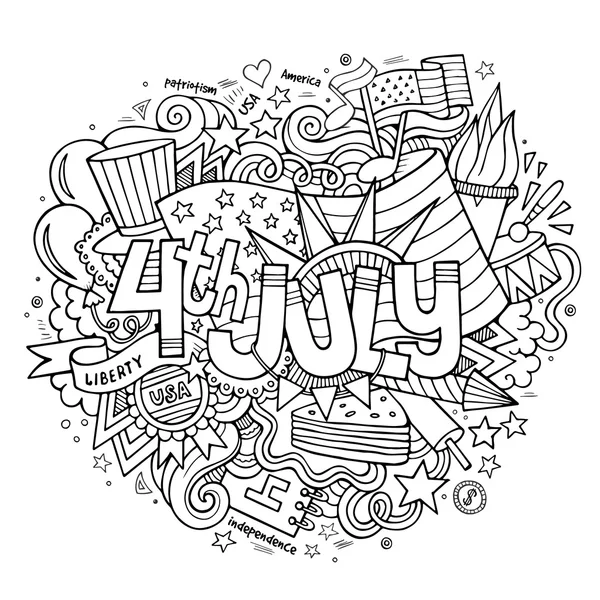 4η Ιουλίου ημέρα ανεξαρτησίας χέρι γράμματα και doodles στοιχεία — Διανυσματικό Αρχείο