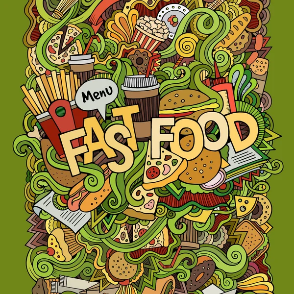 Fast foody strony napis i doodles elementy tła — Wektor stockowy