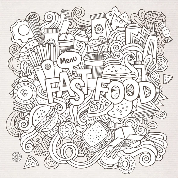 Fast food hand lettering and doodles elements background — Stock Vector