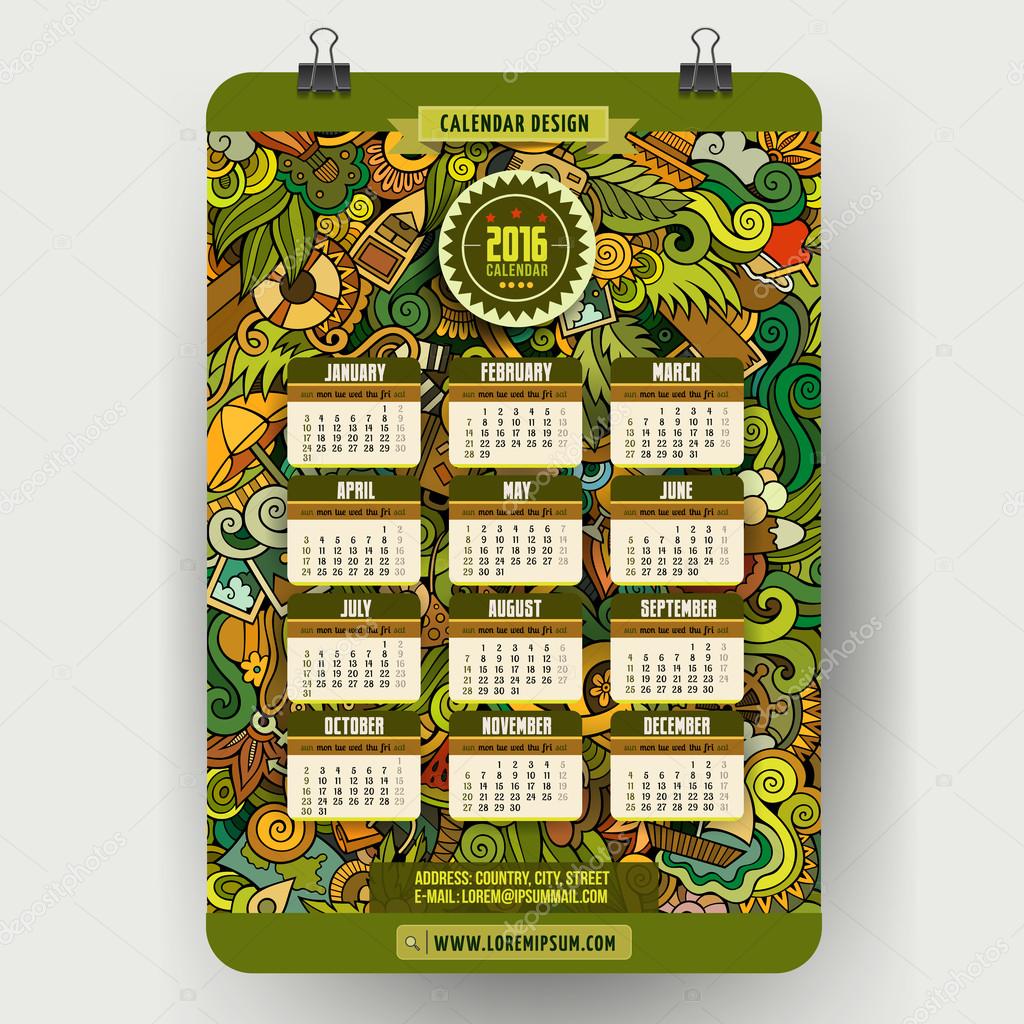 Дизайн Летнего Календаря 2016 Года Векторное Изображение.