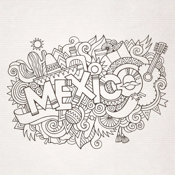 México país mão lettering e doodles elementos —  Vetores de Stock