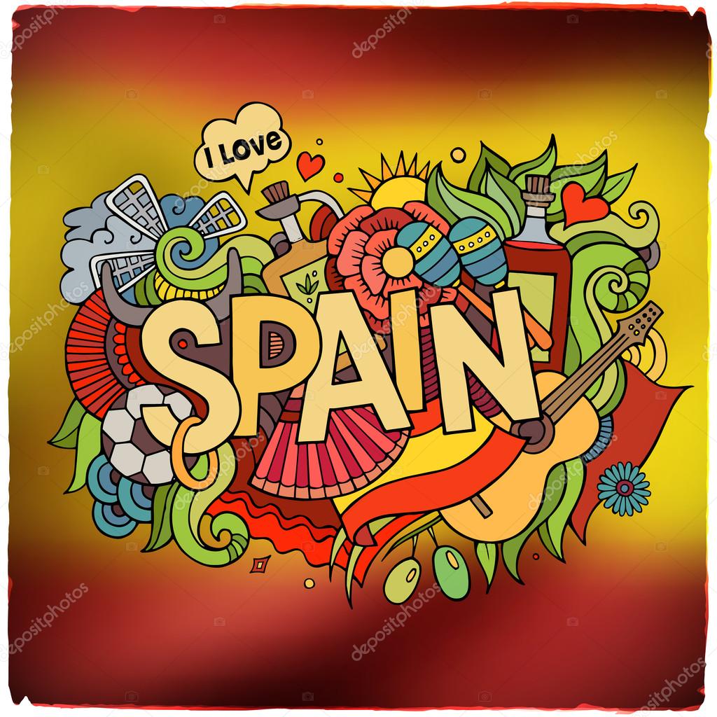 Spain country hand lettering and doodles elements and symbols emblem. Vector blurred flag background