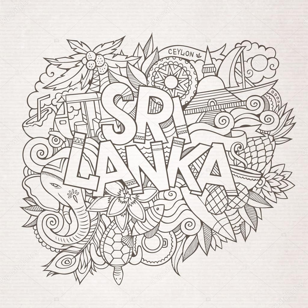 Sri Lanka country hand lettering and doodles elements and symbols background. Vector hand drawn sketchy illustration