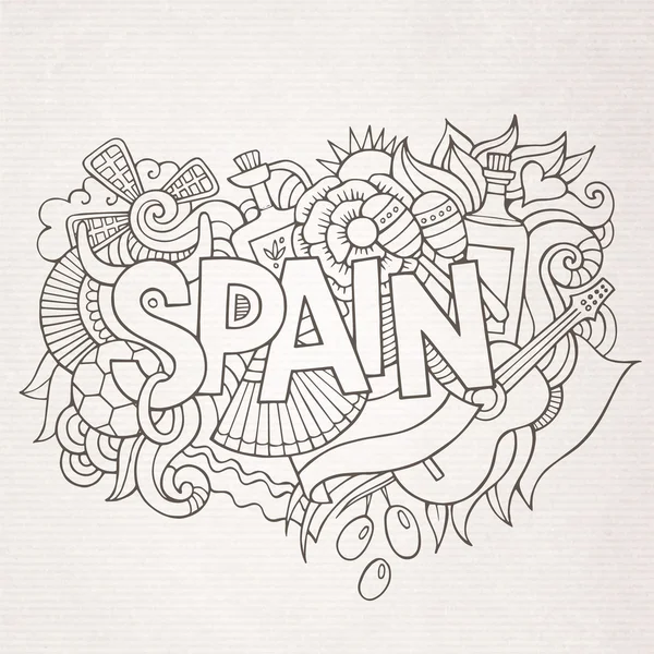 Spanien Land Hand Schriftzug und Doodles Elemente — Stockvektor