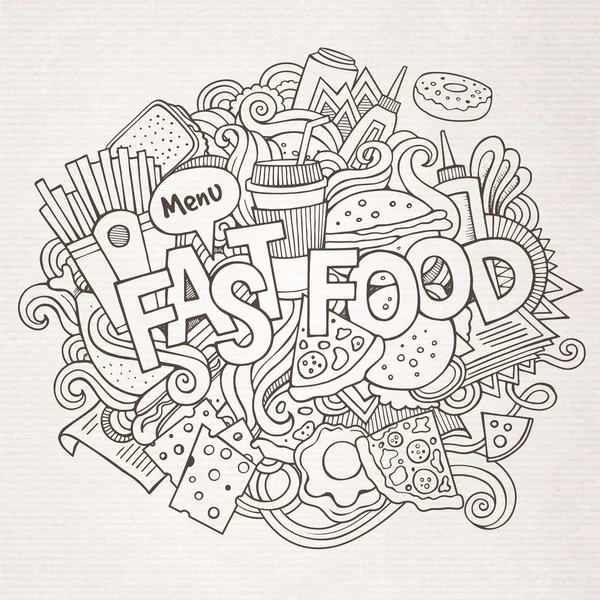 Lettere a mano fast food ed elementi scarabocchi — Vettoriale Stock