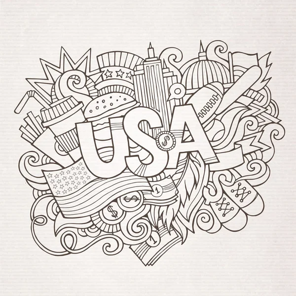 USA letras de mano y doodles elementos de fondo — Vector de stock