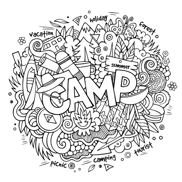 Letras mão acampamento de verão e elementos doodles fundo —  Vetores de Stock