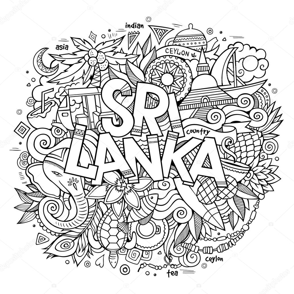 Sri Lanka hand lettering and doodles elements and symbols background. Vector hand drawn sketchy illustration