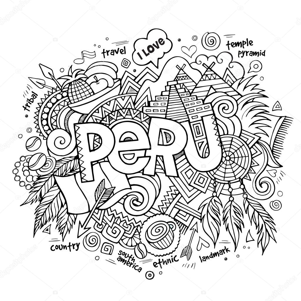 Peru hand lettering and doodles elements background. Vector illustration