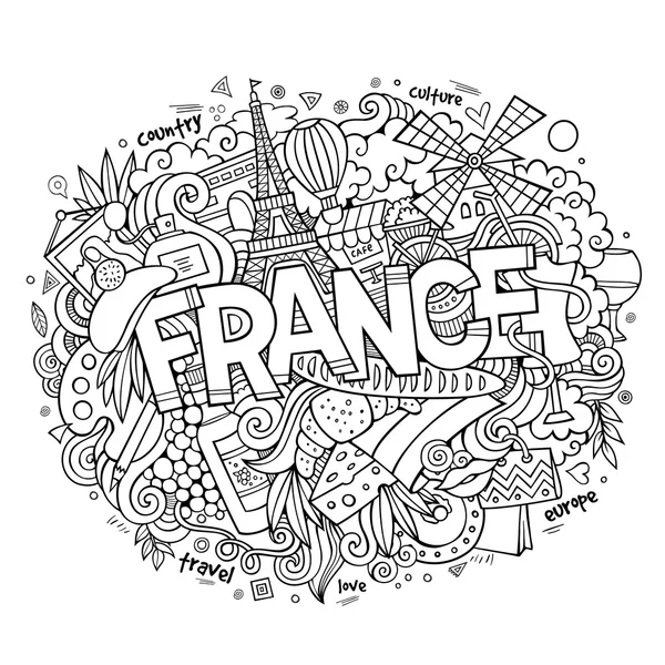 Frankreich Land Schriftzug und Doodles Elemente — Stockvektor