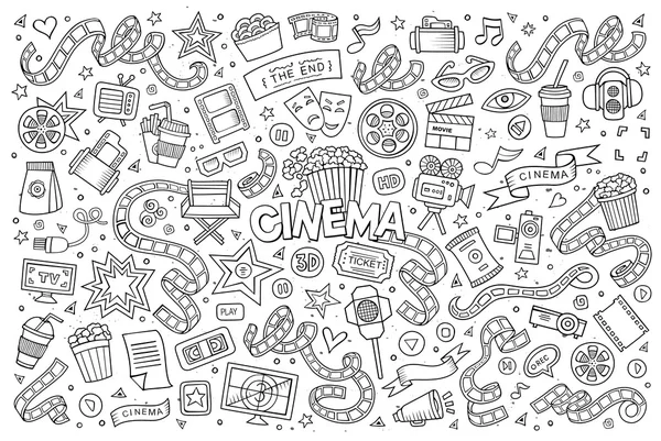 Bioscoop, film, film doodles schetsmatig vector symbolen — Stockvector