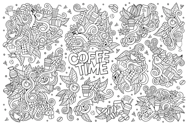 Tempo de café doodles mão desenhado símbolos vetoriais — Vetor de Stock