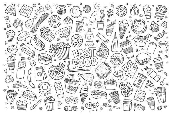 Fast food doodles mão desenhada símbolos vetor esboçado — Vetor de Stock