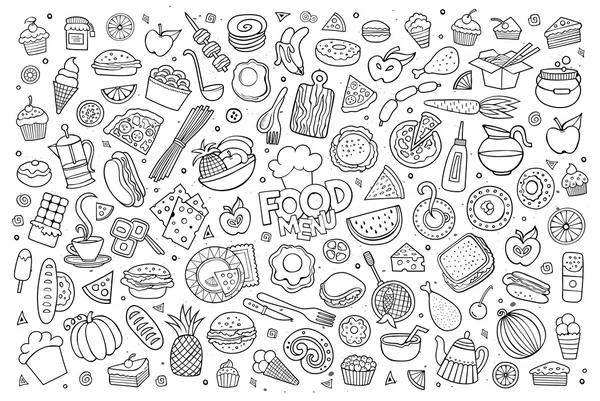 Lebensmittel-Doodles handgezeichnete skizzenhafte Vektorsymbole — Stockvektor