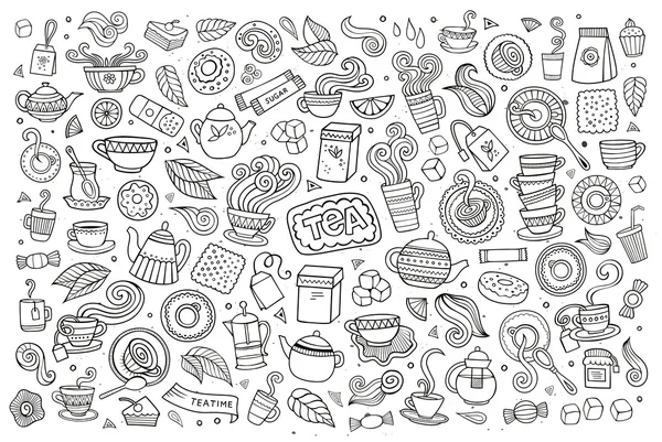 Tea time doodles hand drawn sketchy vector symbols — Stock Vector