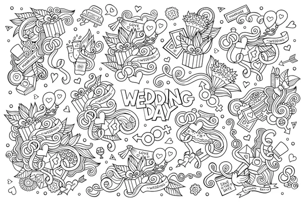 Hochzeit und Liebe Doodles skizzenhafte Vektorsymbole — Stockvektor