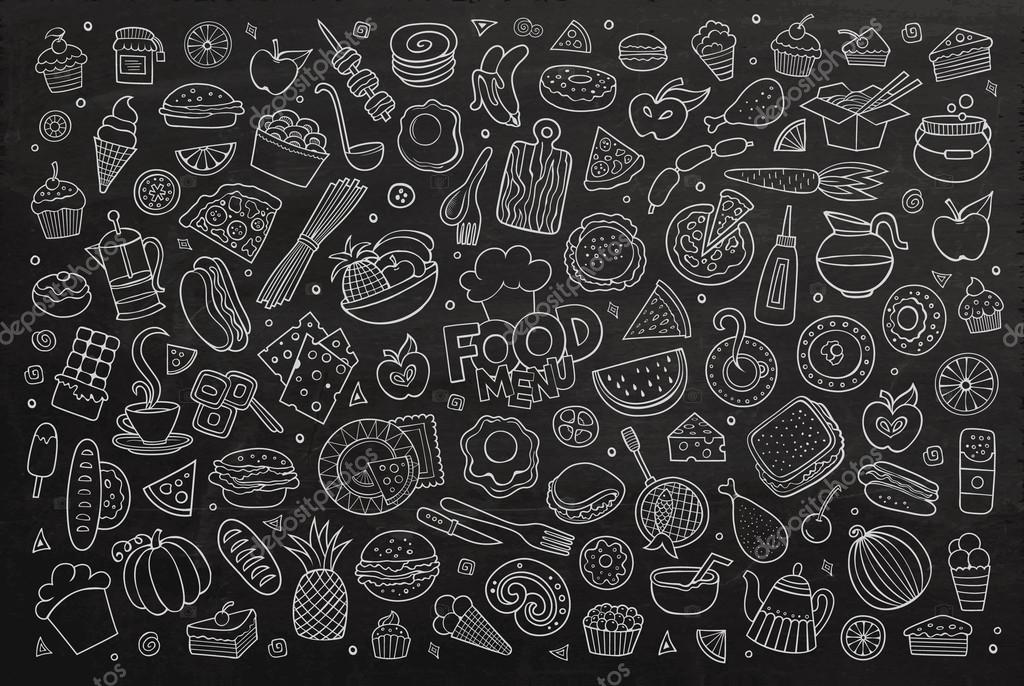Foods doodles hand drawn chalkboard vector symbols — Stock Vector