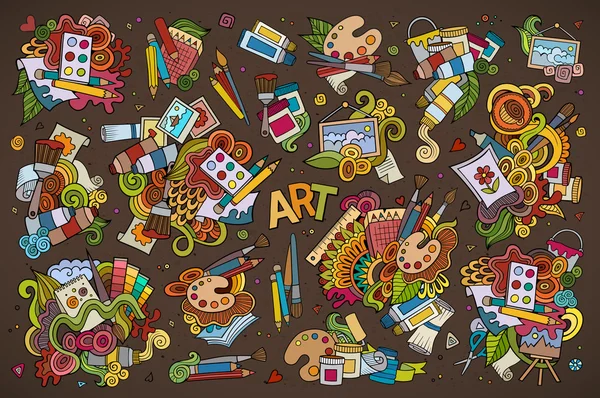 Art and paint materials doodles hand drawn symbols — Stock Vector