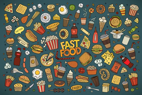 Fast food doodles símbolos vetoriais desenhados à mão — Vetor de Stock