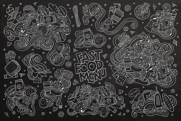 快餐食品涂鸦手绘制的粉笔板矢量符号 — 图库矢量图片