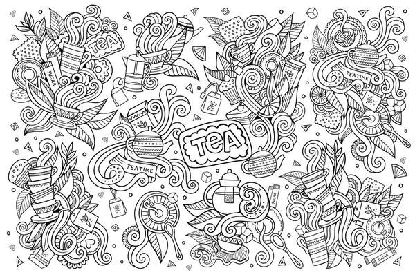 Tea Time Doodles handgezeichnete skizzenhafte Vektorsymbole — Stockvektor