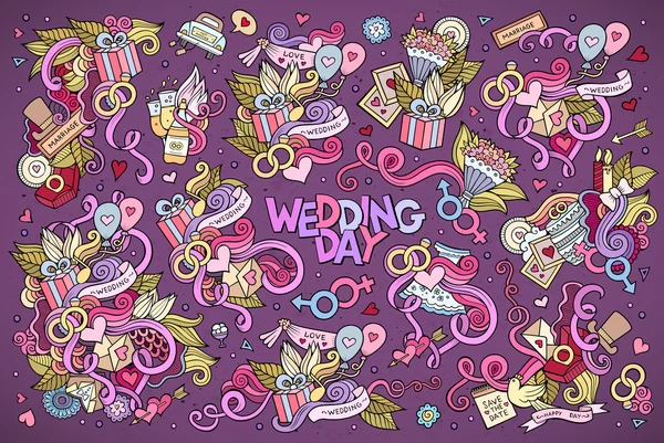 Casamento vetorial colorido Conjunto de desenhos animados Doodle de objetos —  Vetores de Stock