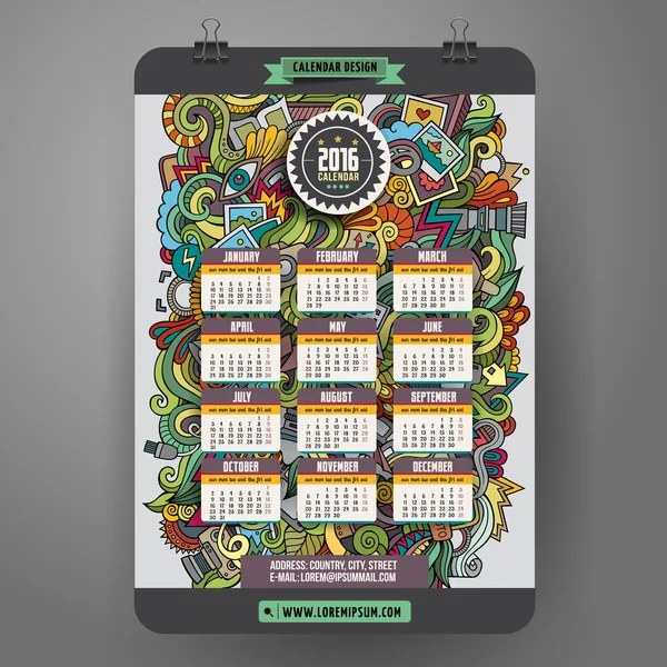 Doodles hand drawn colorful cartoon Photo Calendar 2016 year — Stock Vector