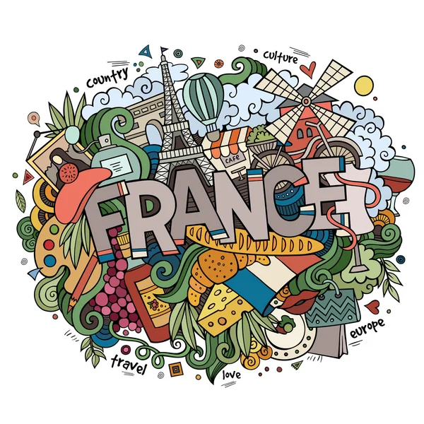 Francia país mano letras y garabatos elementos — Vector de stock