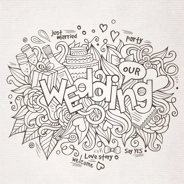 Hochzeit Hand Schriftzug und Doodles Elemente Skizze. — Stockvektor