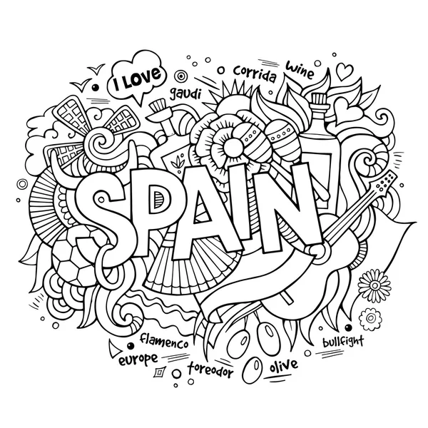 Spanien Land Hand Schriftzug und Doodles Elemente — Stockvektor