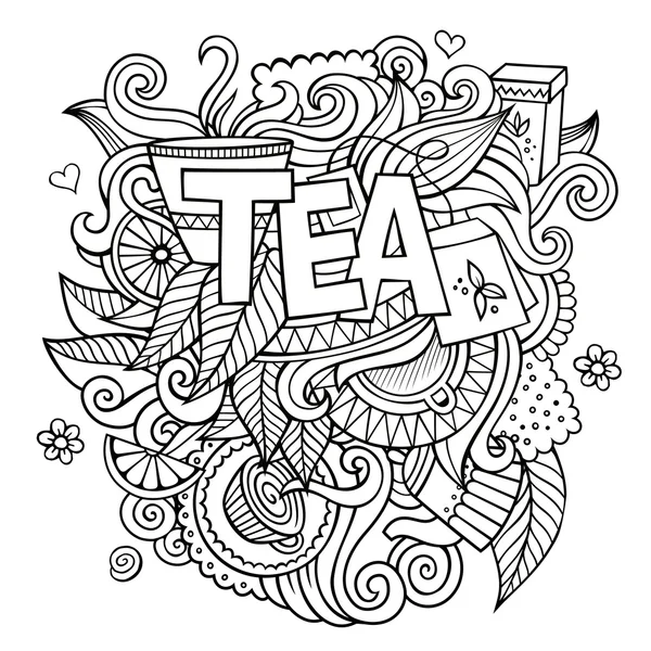 Letras mão chá e doodles elementos de fundo — Vetor de Stock