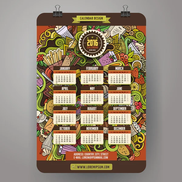 Doodles desenhos animados Fast food Calendário 2016 ano de design —  Vetores de Stock