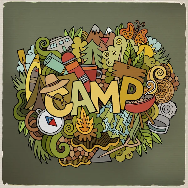 Zomer kamp hand belettering en doodles elementen achtergrond — Stockvector