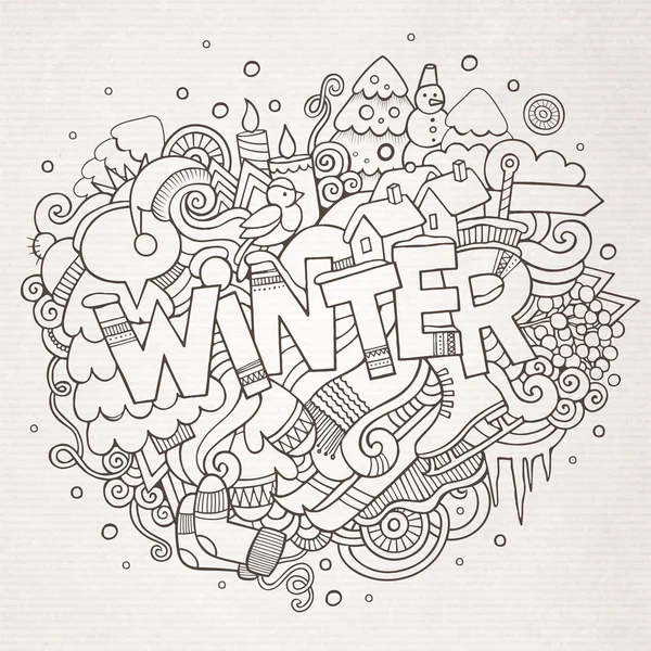 Winter Hand Schriftzug und Doodles Elemente Hintergrund — Stockvektor