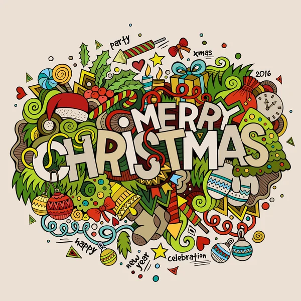 मुबारक क्रिसमस हाथ अक्षर और डूडल तत्व पृष्ठभूमि . — स्टॉक वेक्टर