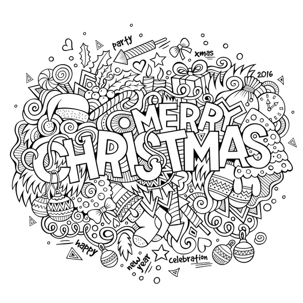 Merry Christmas hand lettering and doodles elements background. — Stock Vector