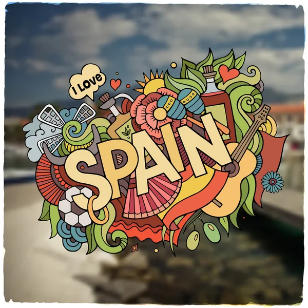 Espanha lettering mão e doodles elementos emblema — Vetor de Stock