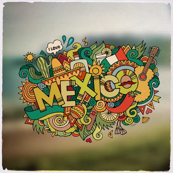 México letras a mano y garabatos elementos emblema — Vector de stock