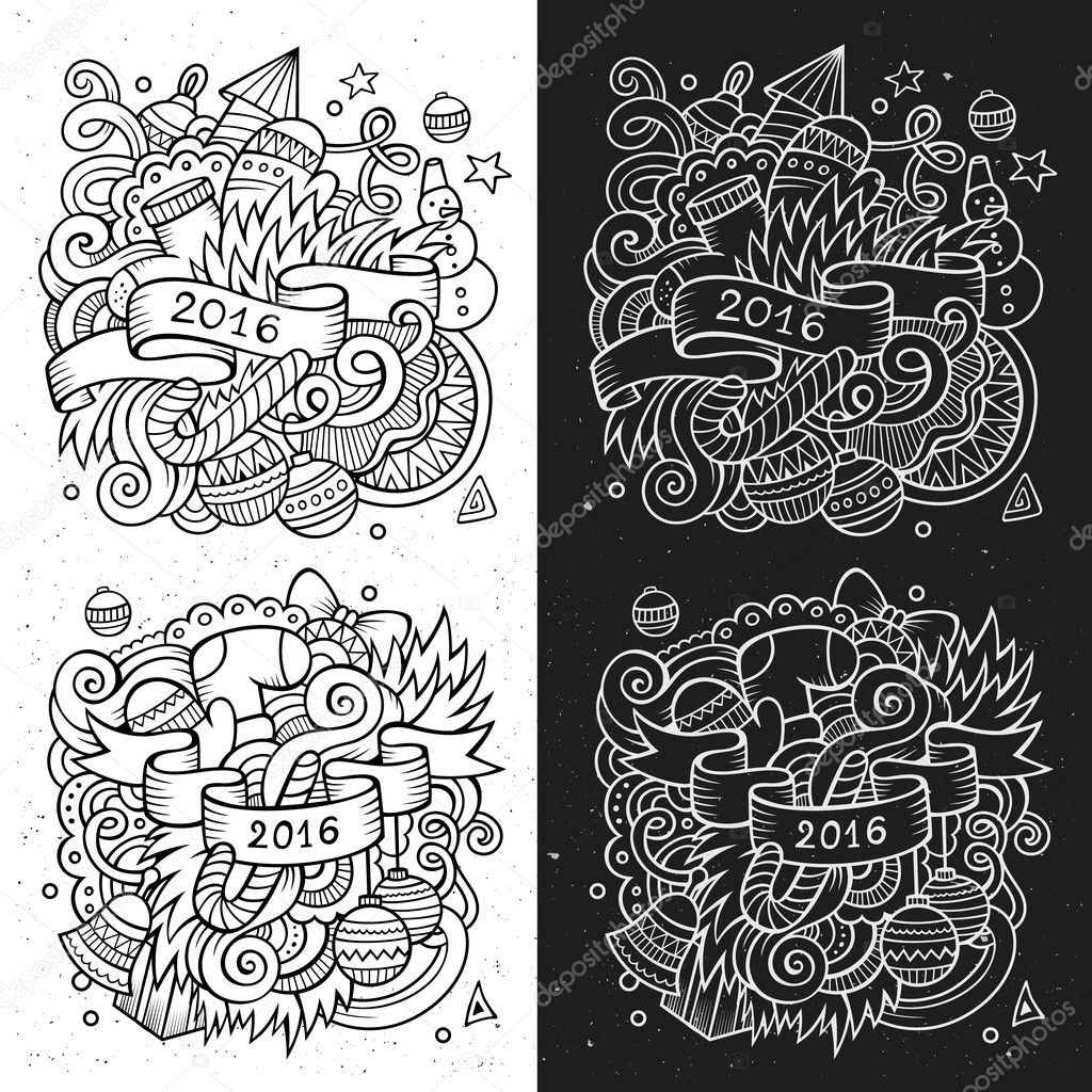 2016 New year doodles elements sketchy and chalkboard emblems. Vector illustration