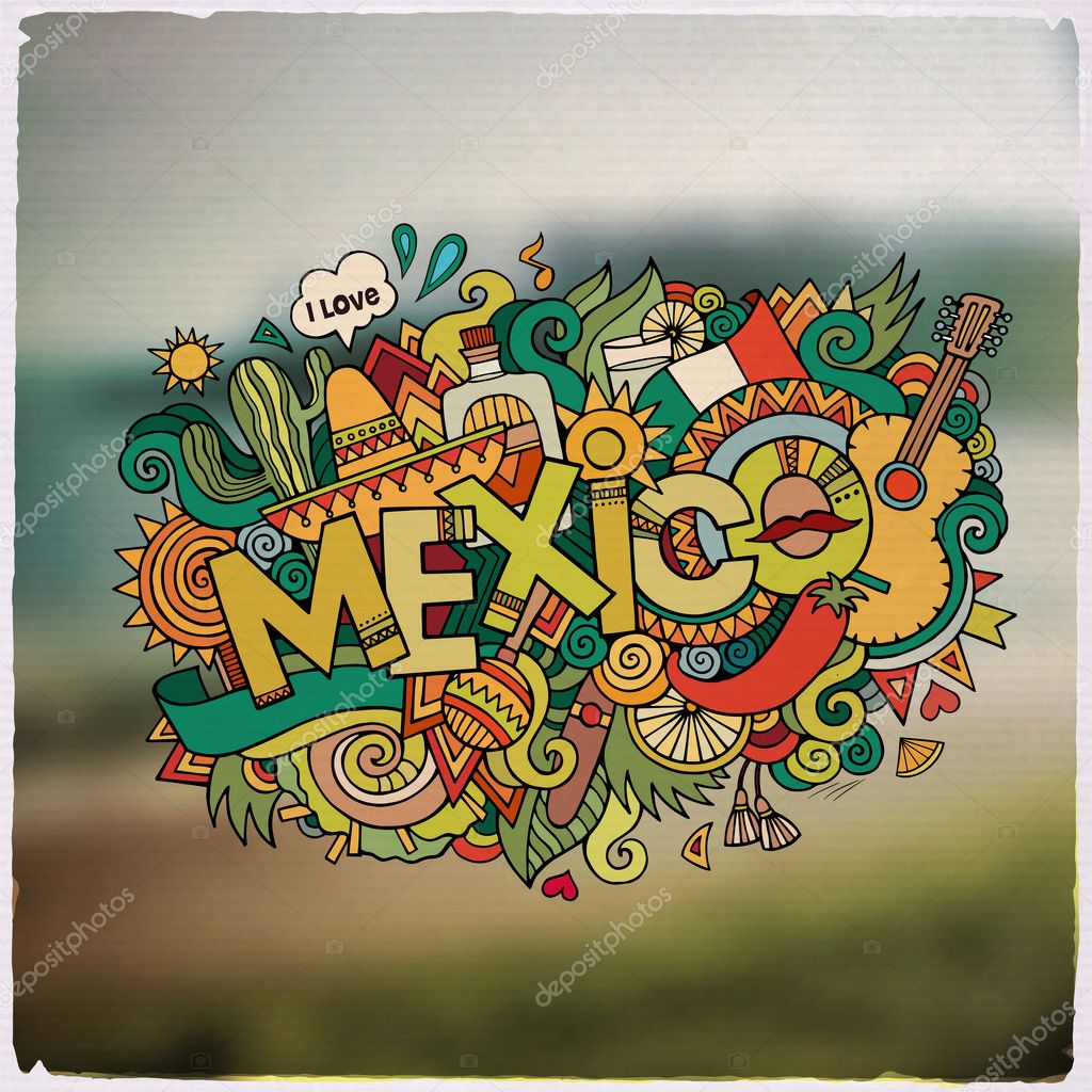 Mexico hand lettering and doodles elements and symbols emblem. Vector blurred background