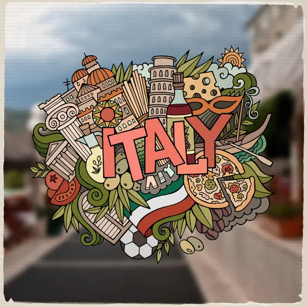 Italie pays lettrage à la main et éléments de gribouillages — Image vectorielle