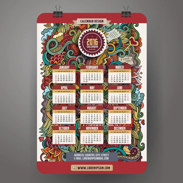 Doodles cartone animato Amore Calendario 2016 anno di progettazione — Vettoriale Stock