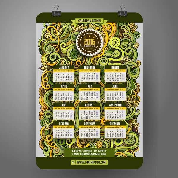 Doodles desenhos animados cachos ornamentais floral Calendário 2016 ano —  Vetores de Stock