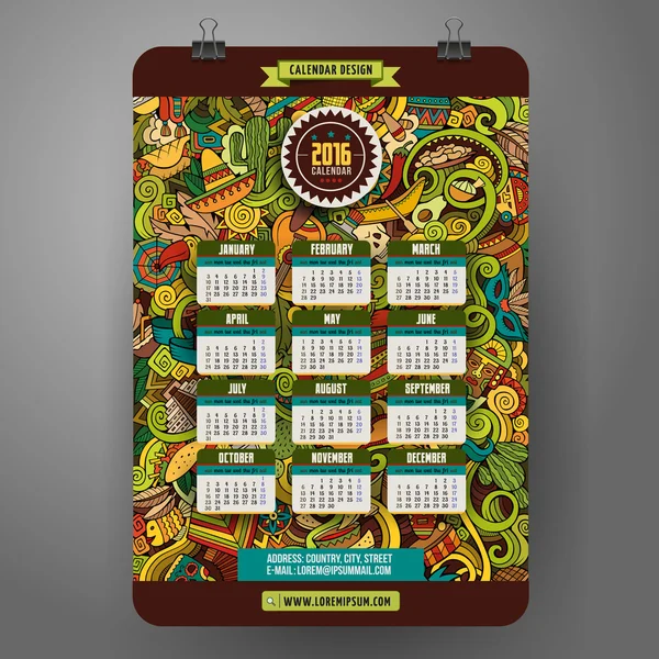 Doodles cartoon Latin American Calendar 2016 year — Wektor stockowy