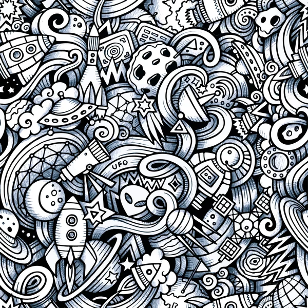 Cartoon hand-drawn doodles on the subject of space pattern — Stock Vector