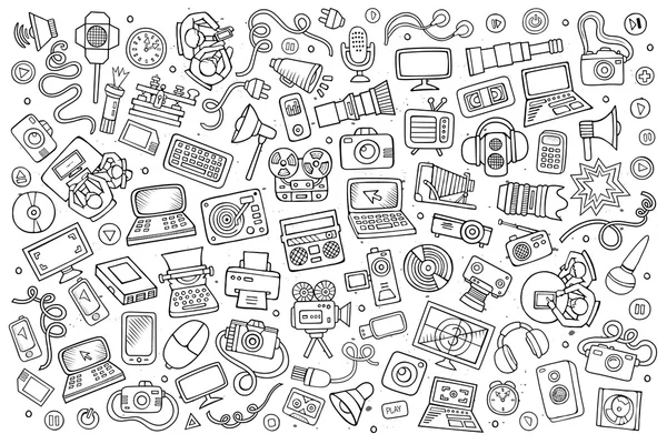 Sketchy vetor desenhado à mão Doodle equipamentos e dispositivos conjunto de objetos — Vetor de Stock