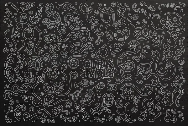 Kara tahta vektör el bukleler ve swirls çizilmiş Doodle çizgi film seti — Stok Vektör