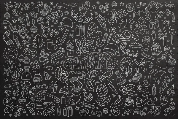 Kara tahta vektör elle çizilmiş Doodle karikatür Noel nesne kümesi — Stok Vektör